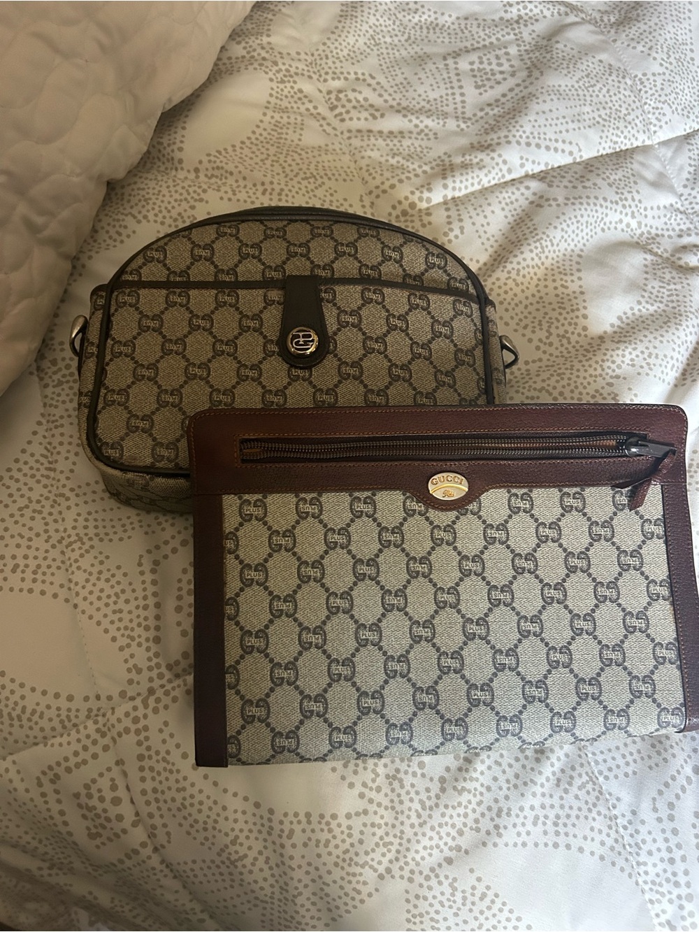 Gucci Beige GG Canvas Crossbody with Brown Leather Trim and Pouch